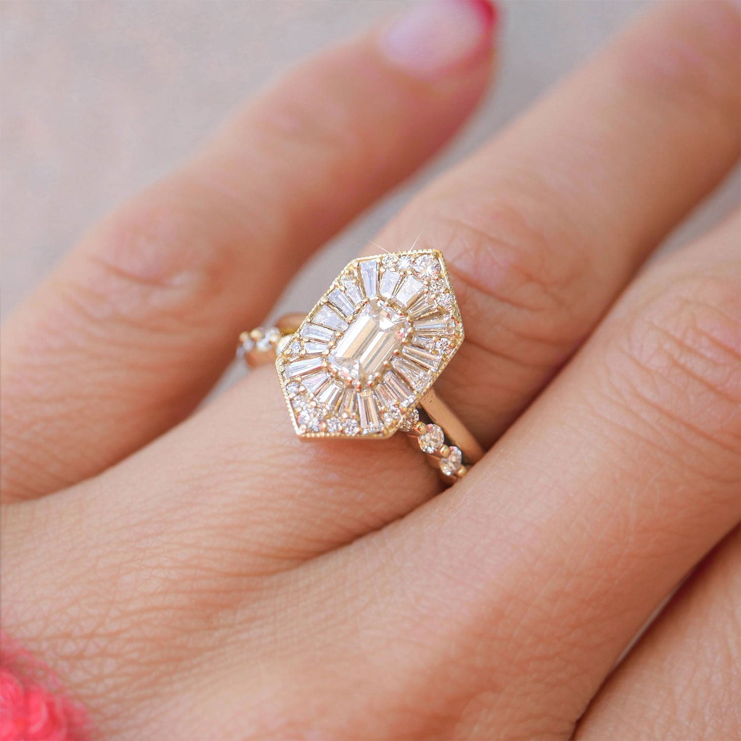 0.56 CT Emerald Cut Moissanite Hexagon Shape Mosaic Engagement Ring