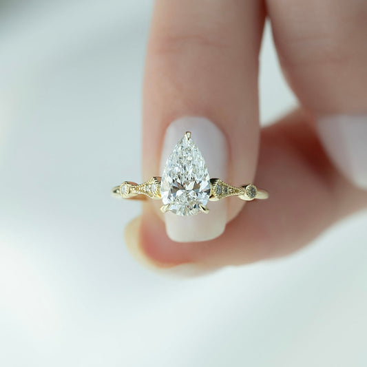 3 CT - 3.5 CT Pear Cut Milgrain Art Deco Style Moissanite Engagement Ring