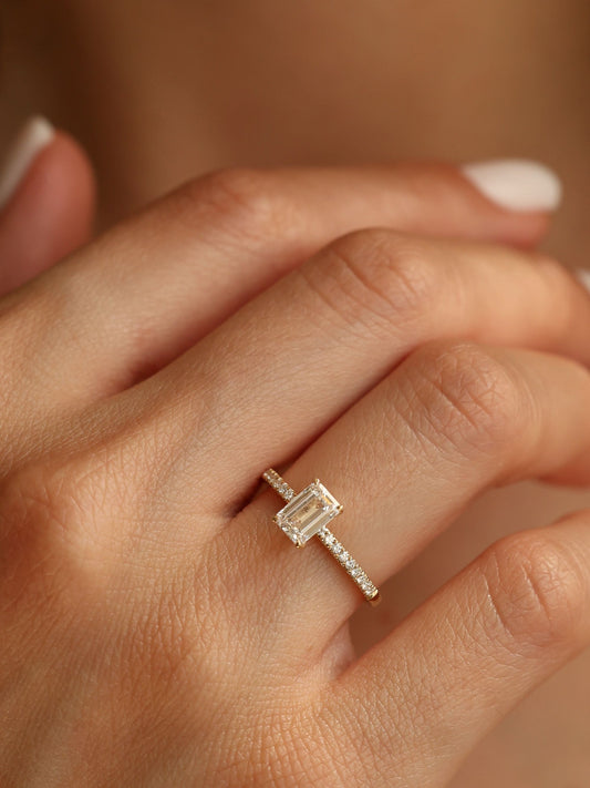 0.9 CT - 2.9 CT Emerald Cut Lab grown Diamond Pave Engagement Ring