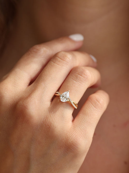 1 CT - 2 CT Pear Cut Lab grown Diamond Twisted Pave Setting Engagement Ring