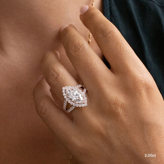 3 CT Marquise Cut Split Shank Halo Pave Moissanite Engagement Ring