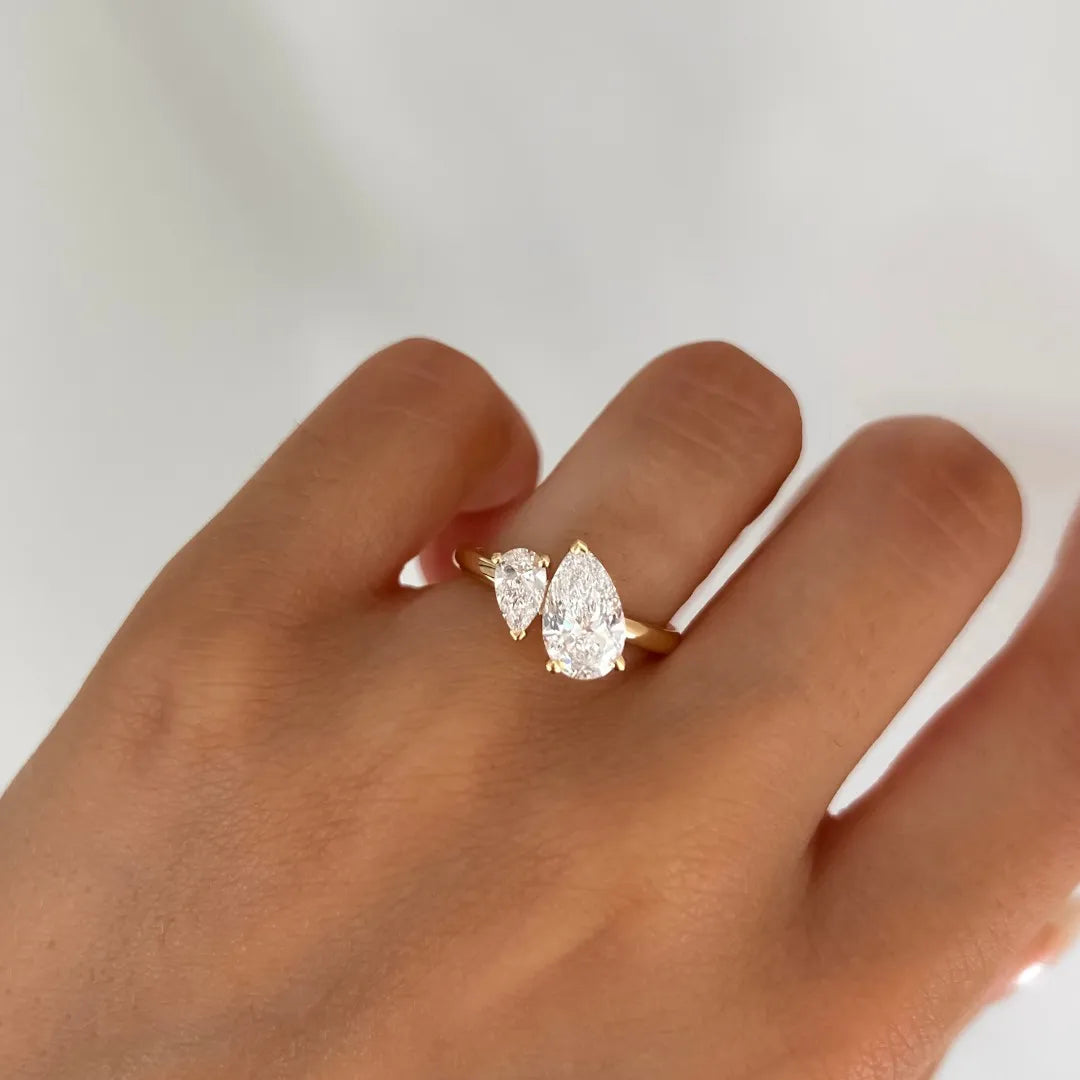 1.9 CT TCW Pear Cut Two Stone Moissanite Engagement Ring