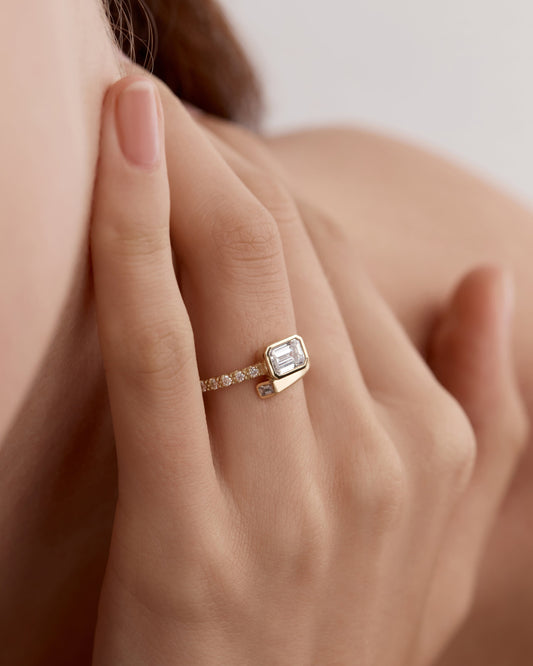 1 CT Emerald Cut Lab grown Diamond Bypass Side Stone & Half Pave Engagement Ring