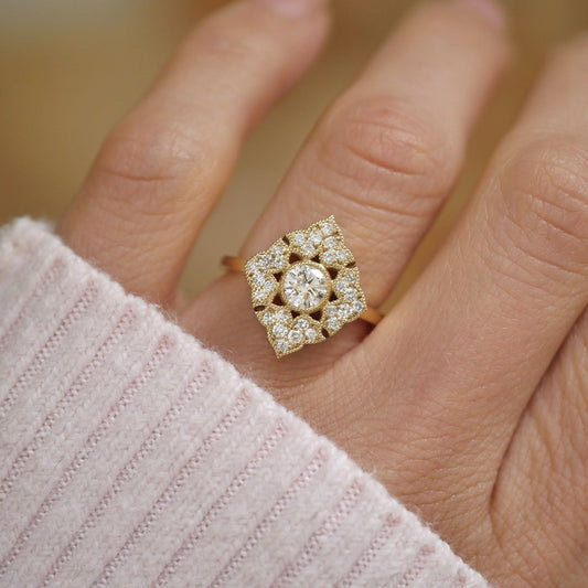 0.47 CT Round Cut Moissanite Deco Baroque Mosaic Engagement Ring