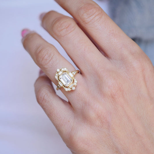 1.5 CT Emerald Cut Moissanite Fairmont Mosaic Engagement Ring