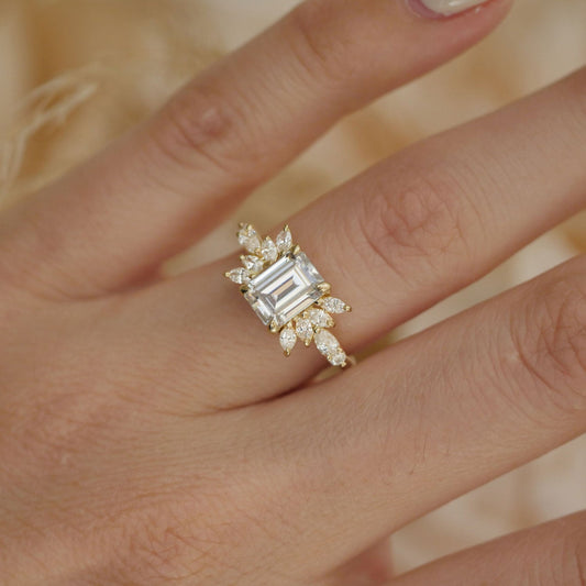 1.5 CT Emerald Cut Moissanite Peacock Style Mosaic Engagement Ring