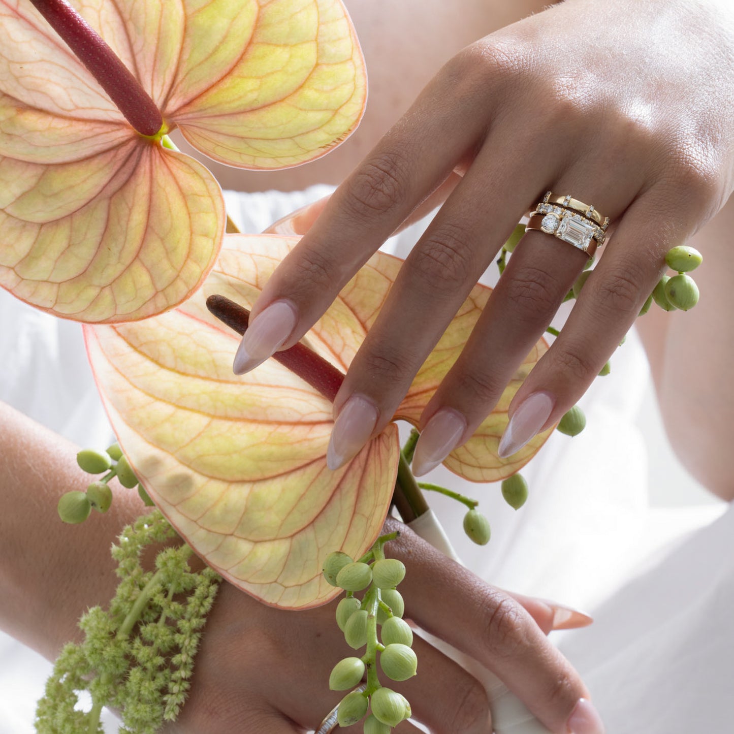 2.55 TCW Emerald & Round Cut Lab grown Diamond Two Stone Engagement Ring