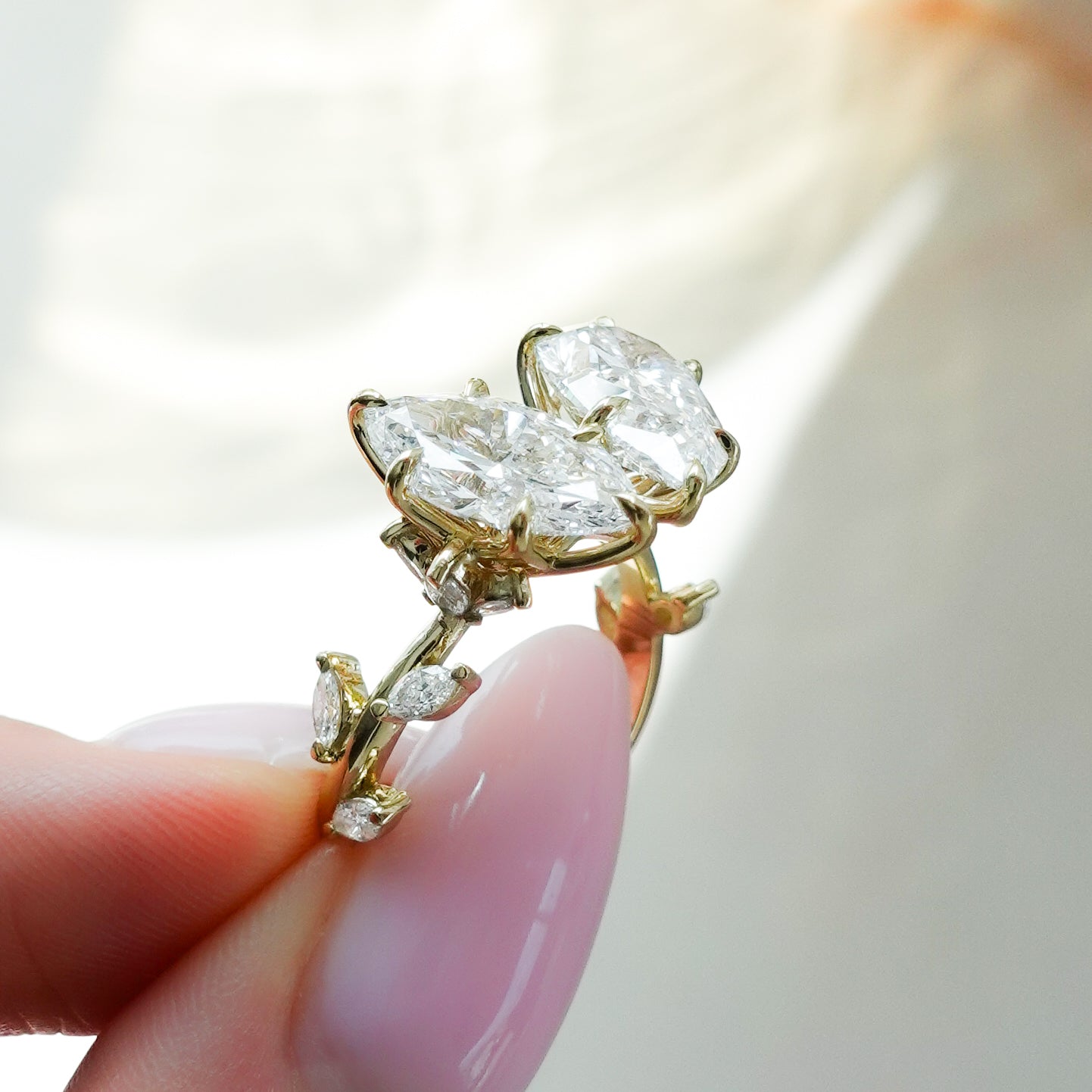 3.5 TCW Pear & Marquise Cut Lab grown Diamond Two Stone Nature Inspired Engagement Ring