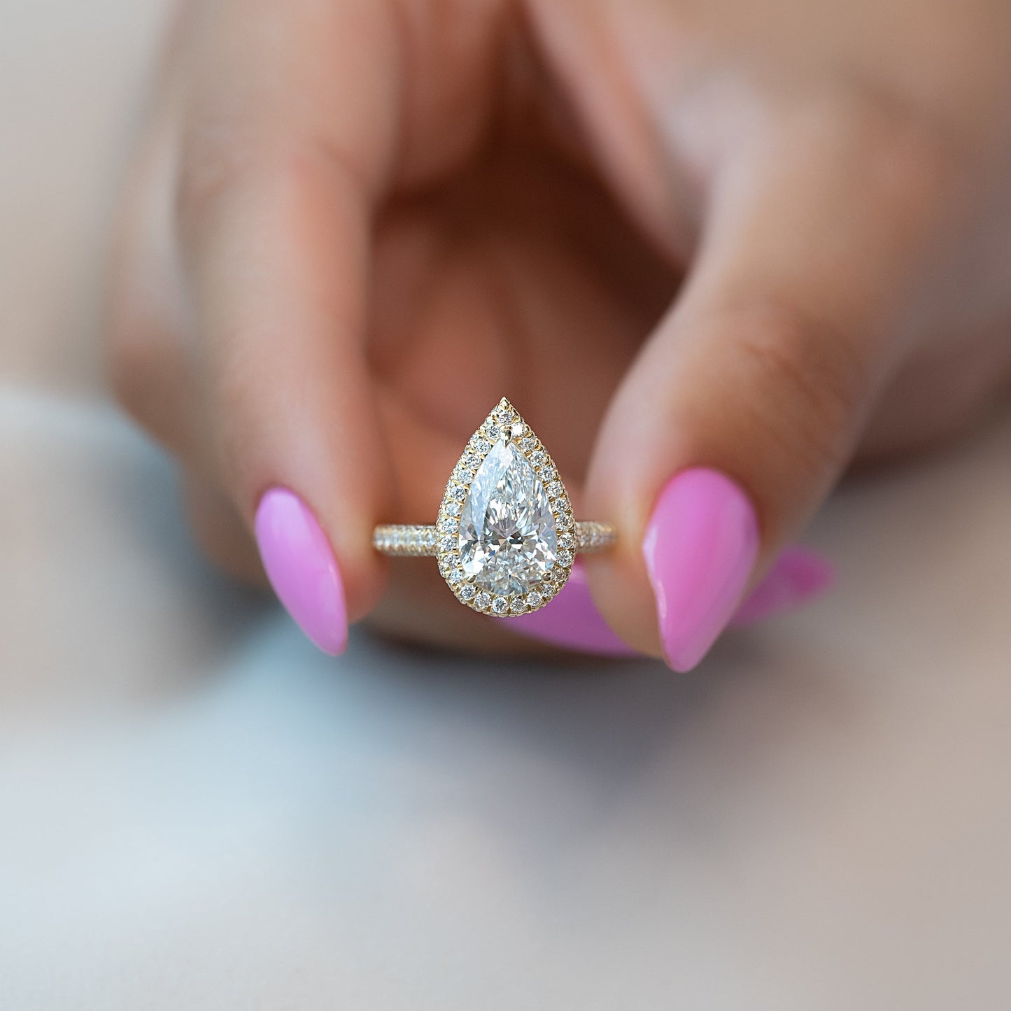 2 CT - 3 CT Pear Cut Halo Pave Set Moissanite Engagement Ring