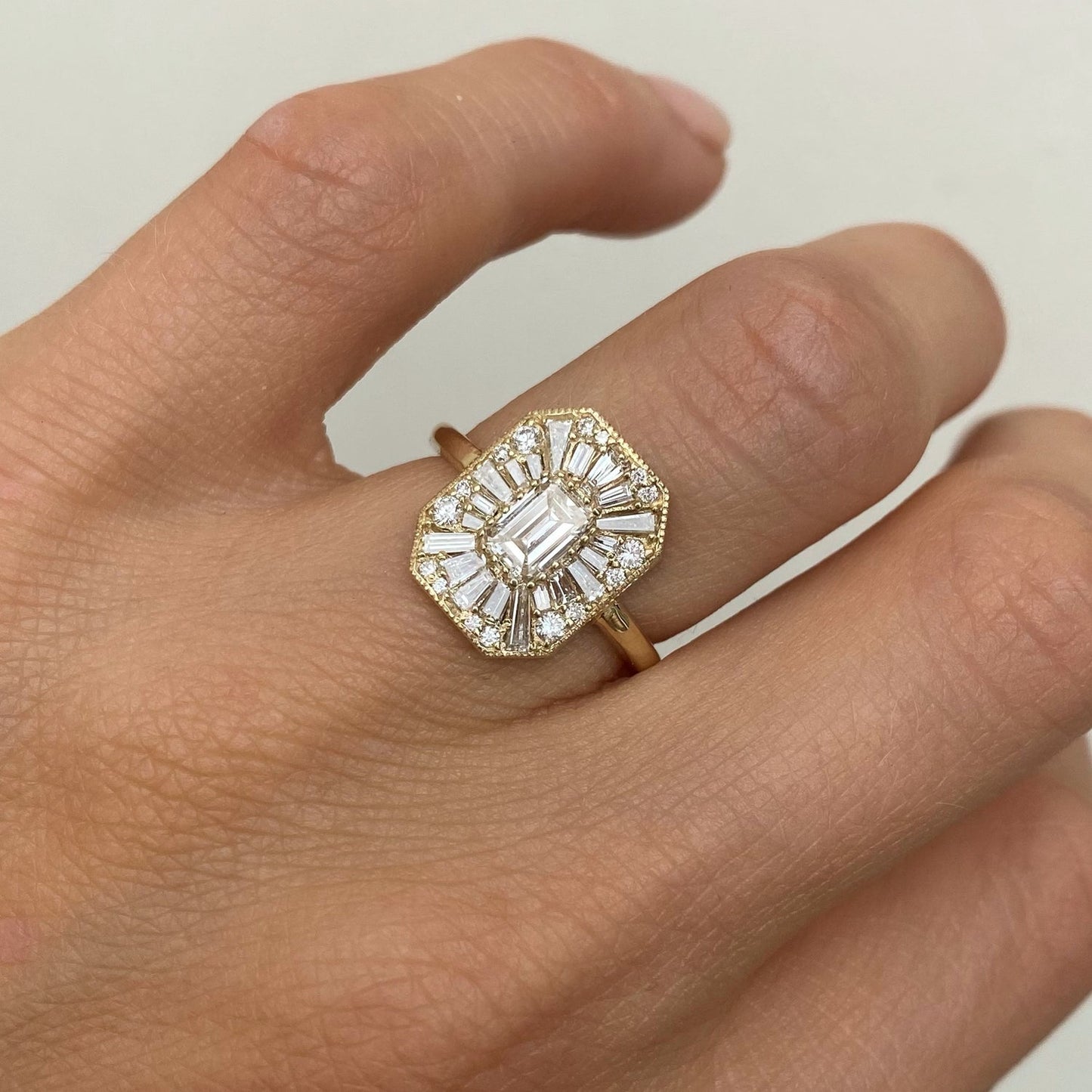 0.56 CT Emerald Cut Moissanite Emerald Shape Mosaic Engagement Ring