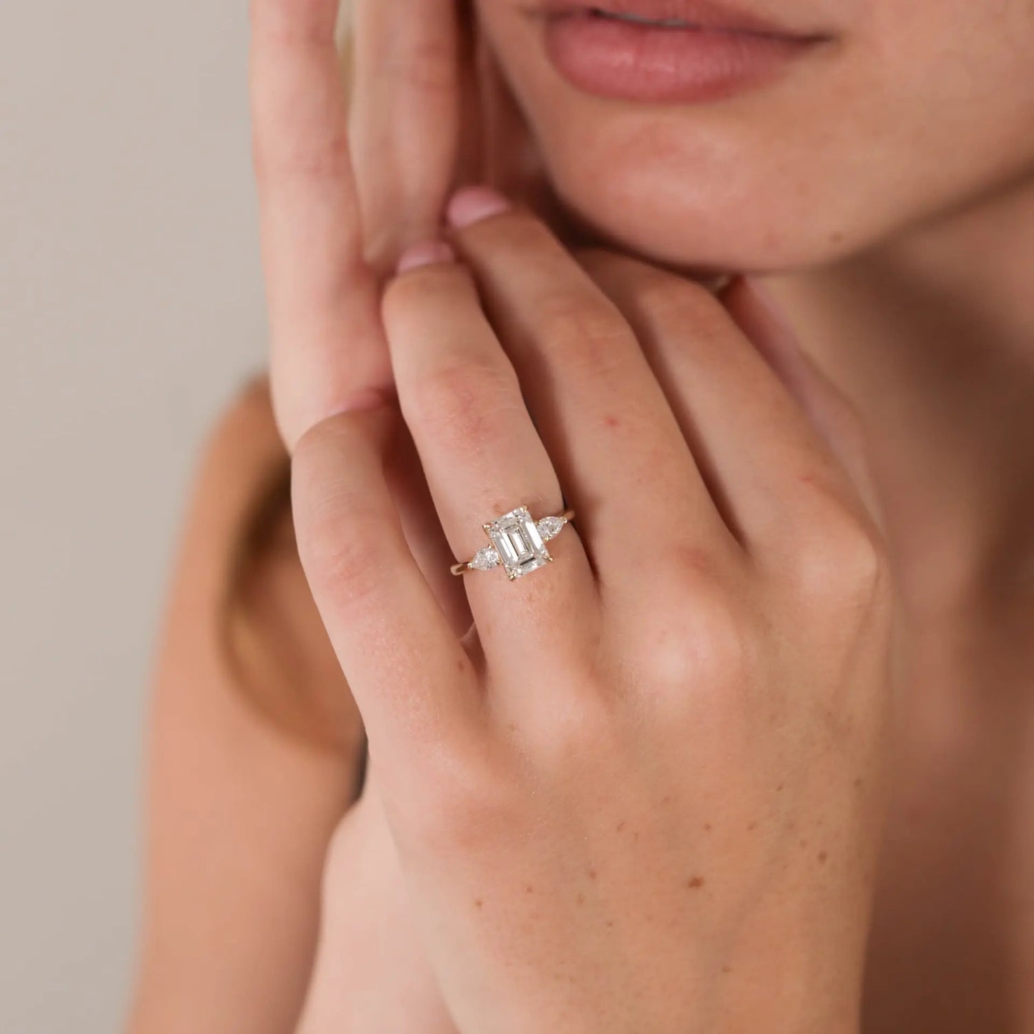 three stone lab grown diamond rings yellow gold 