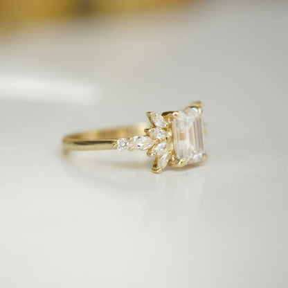 1.5 CT Emerald Cut Moissanite Peacock Style Mosaic Engagement Ring