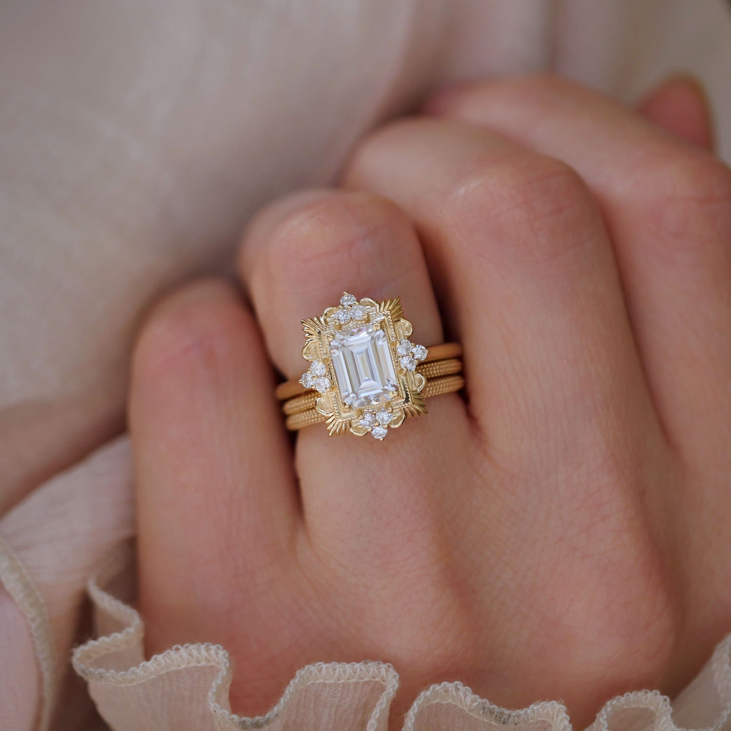 1.5 CT Emerald Cut Moissanite Florentine Mosaic Engagement Ring