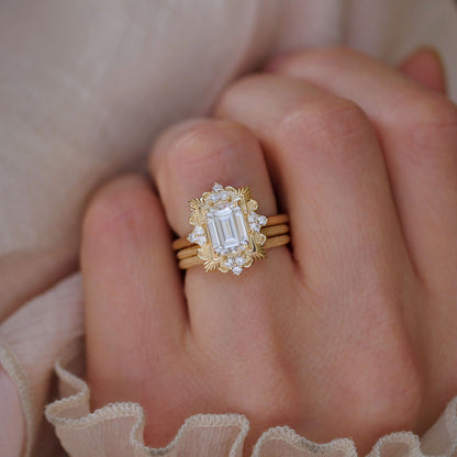 1.5 CT Emerald Cut Moissanite Florentine Mosaic Engagement Ring