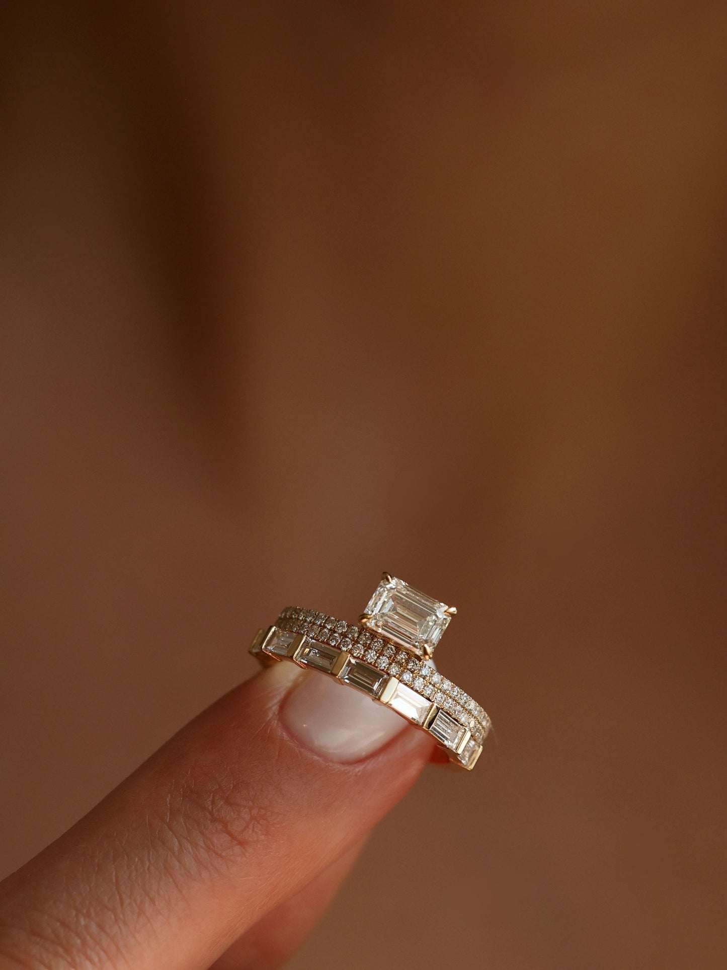 1 CT - 3 CT East-West Emerald Cut Lab grown Diamond Double Band Pave Engagement Ring