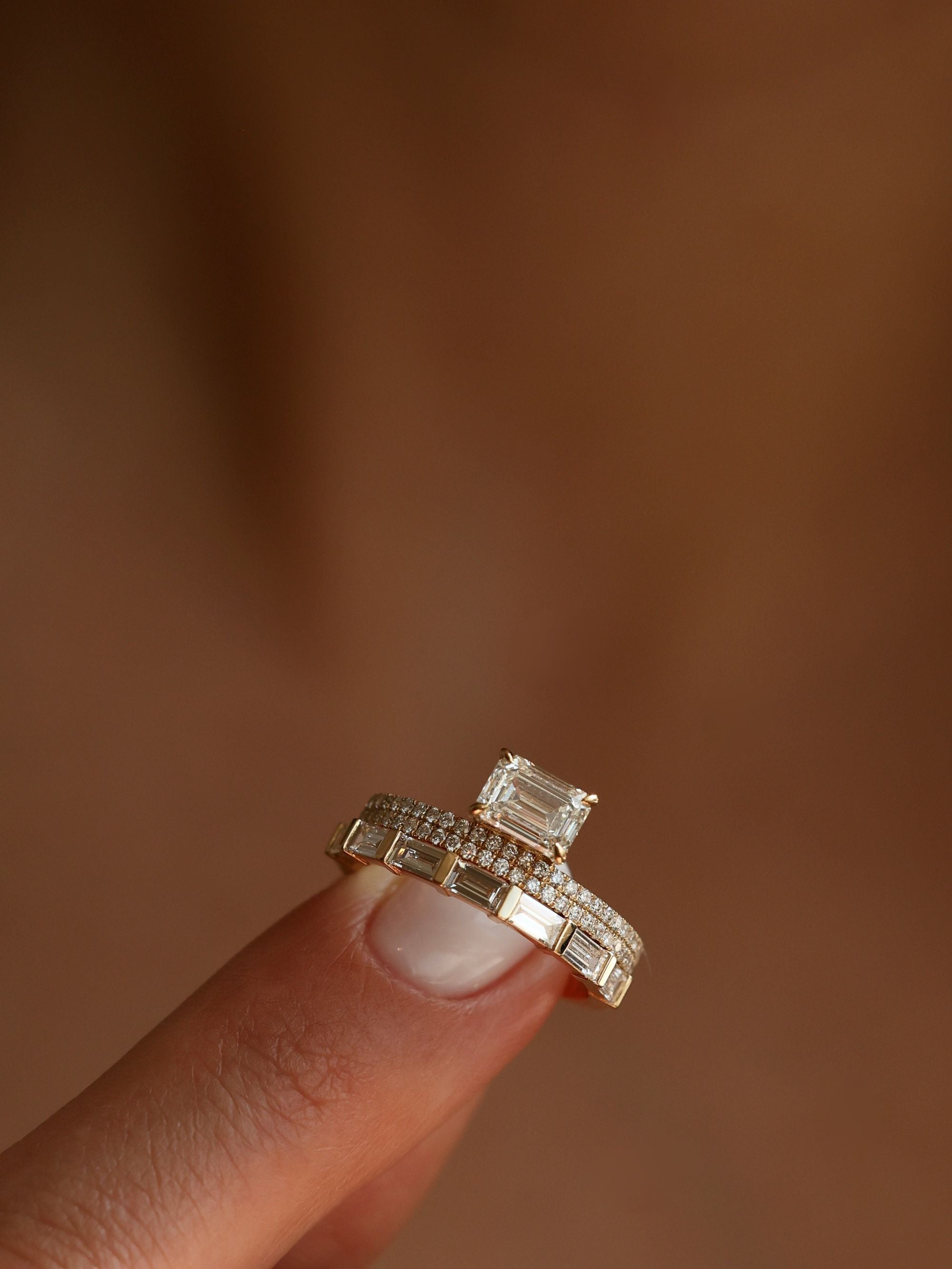 1 CT - 3 CT East-West Emerald Cut Lab grown Diamond Double Band Pave Engagement Ring