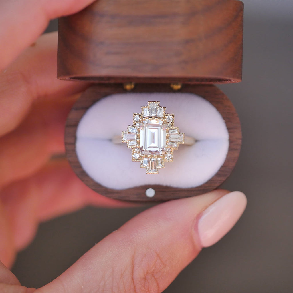 1.5 CT Emerald Cut Moissanite Cluster Mosaic Engagement Ring