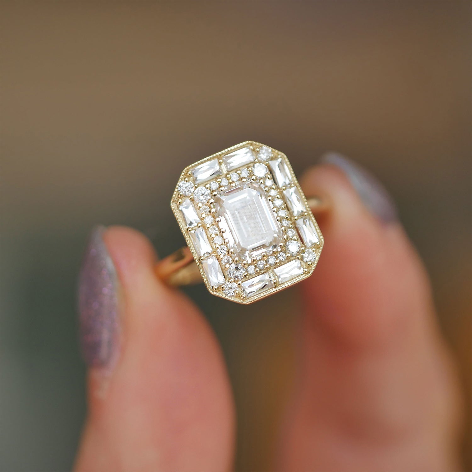 1.5 CT Emerald Cut Moissanite Emerald Shape Halo Style Mosaic Engagement Ring