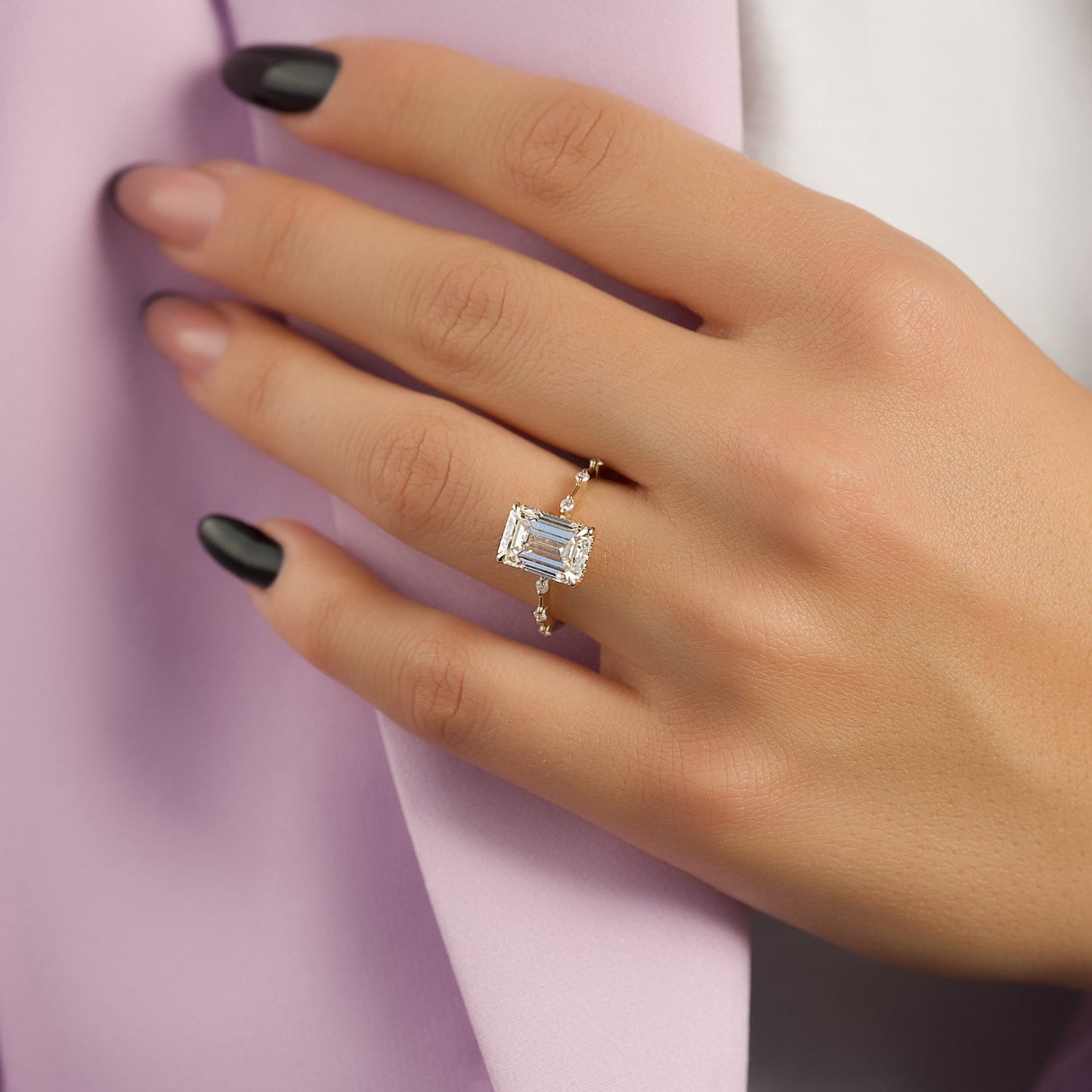 1.5 CT - 3 CT Emerald Cut Hidden Halo Dainty Moissanite Engagement Ring