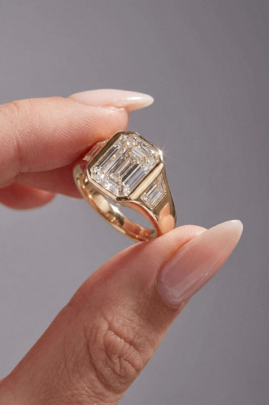 Emerald Cut Side Stones Flush Set Moissanite Engagement Ring