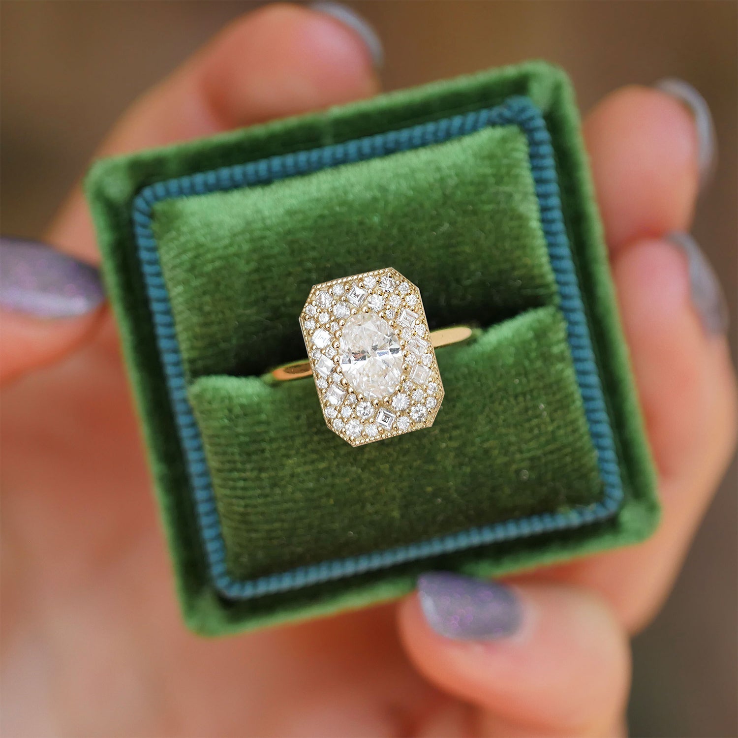 0.74 CT Oval Cut Moissanite Emerald Shape Mosaic Engagement Ring
