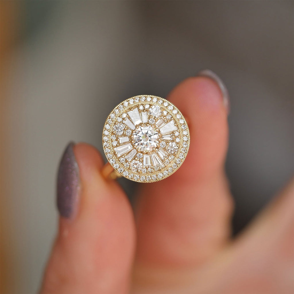 0.35 CT Round Cut Moissanite Halo Cluster Mosaic Engagement Ring