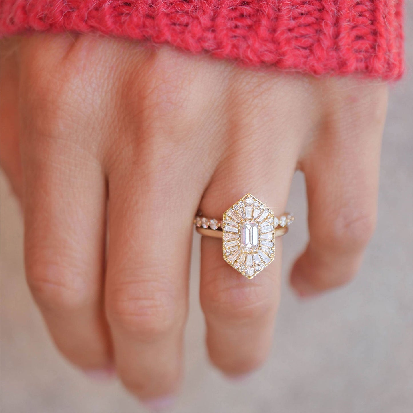 0.56 CT Emerald Cut Moissanite Hexagon Shape Mosaic Engagement Ring