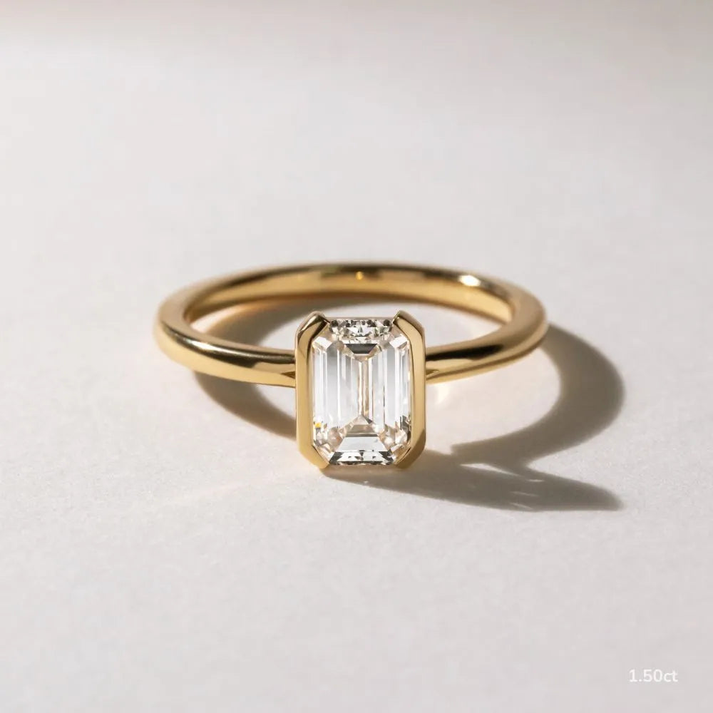 1.2 CT - 1.5 CT Emerald Cut Half Bezel Solitaire Moissanite Engagement Ring