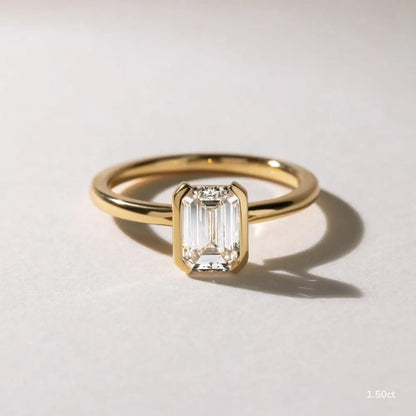 1.2 CT - 1.5 CT Emerald Cut Half Bezel Solitaire Moissanite Engagement Ring