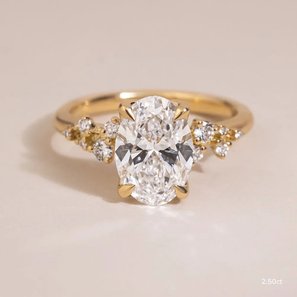 1.3 CT - 2.5 CT Oval Cut Cluster With Chevron Style Band Moissanite Engagement Ring