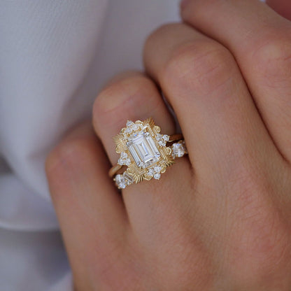 1.5 CT Emerald Cut Moissanite Florentine Mosaic Engagement Ring