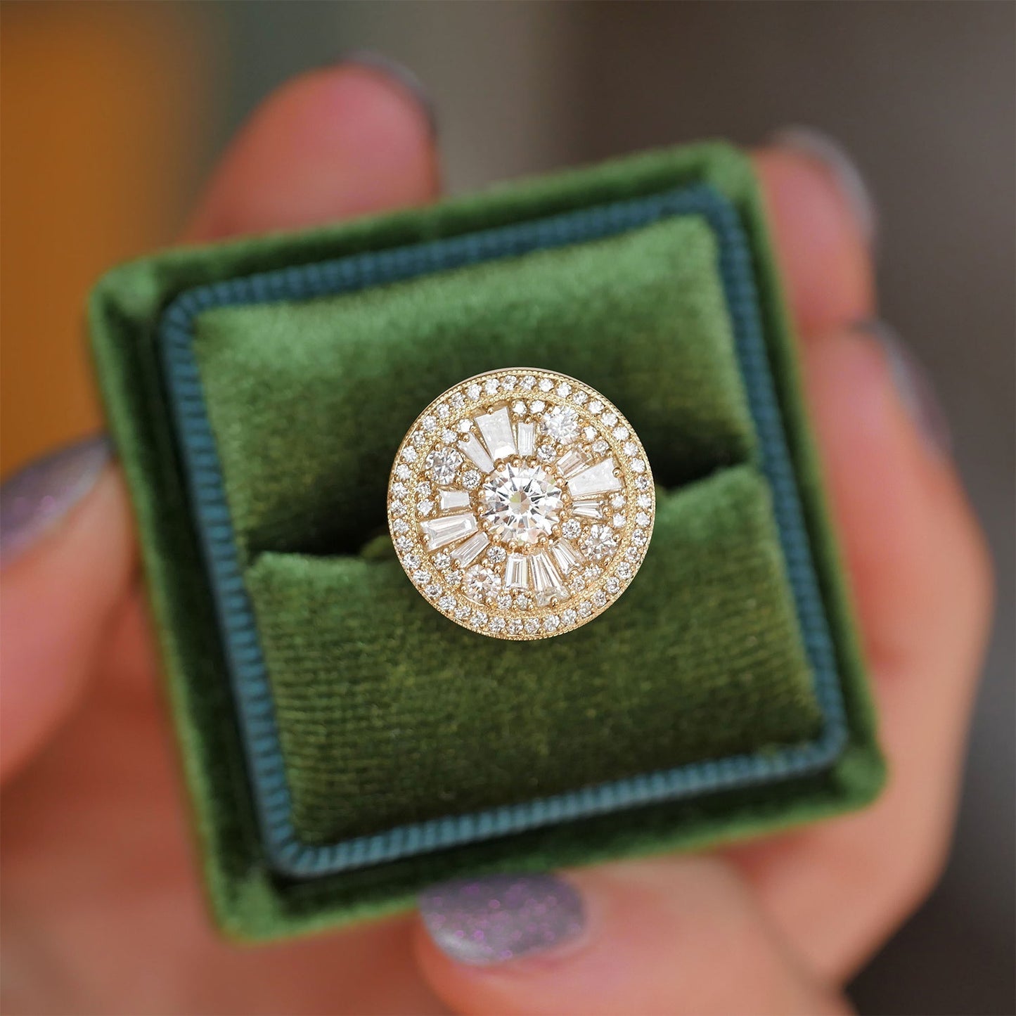 0.35 CT Round Cut Moissanite Halo Cluster Mosaic Engagement Ring