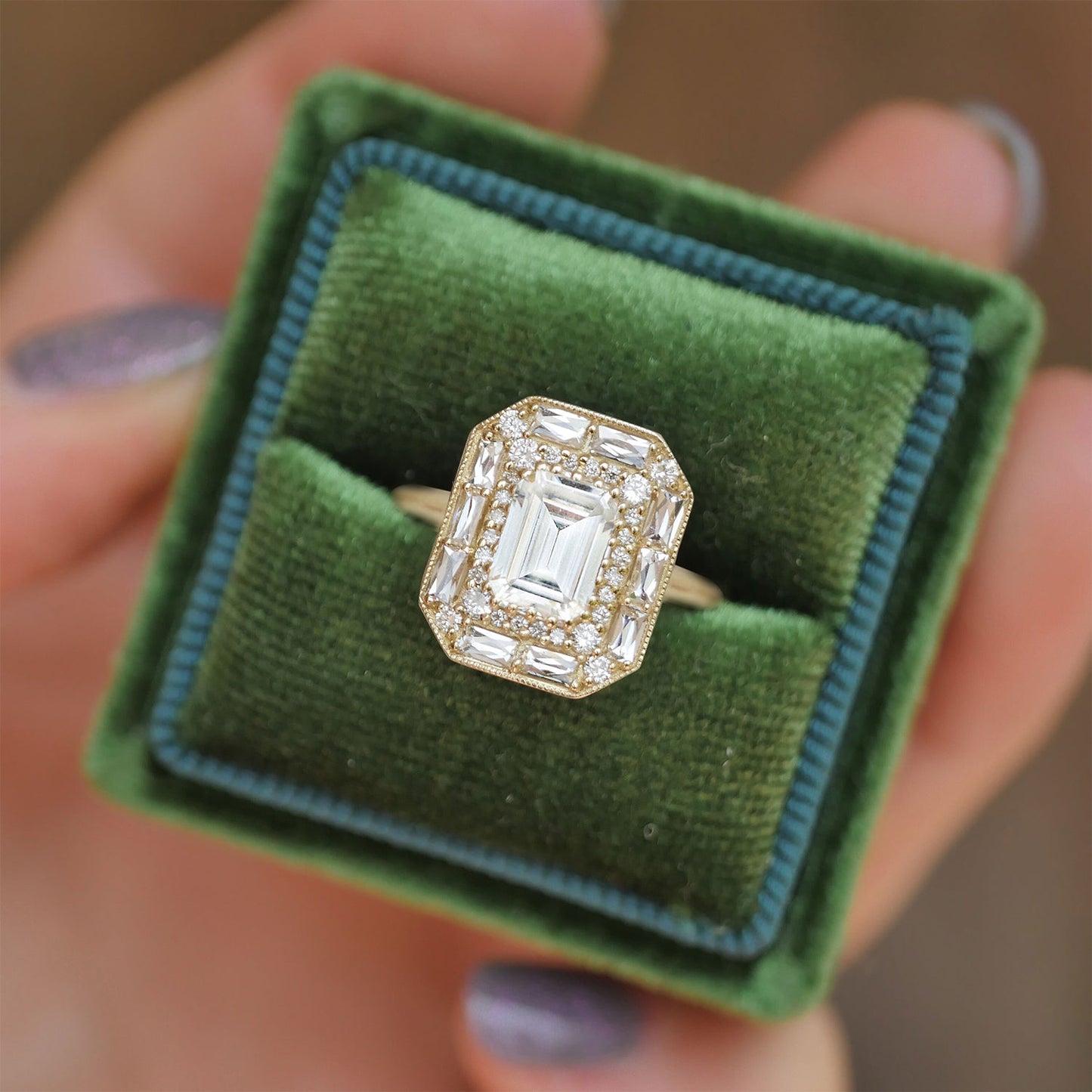 1.5 CT Emerald Cut Moissanite Emerald Shape Halo Style Mosaic Engagement Ring