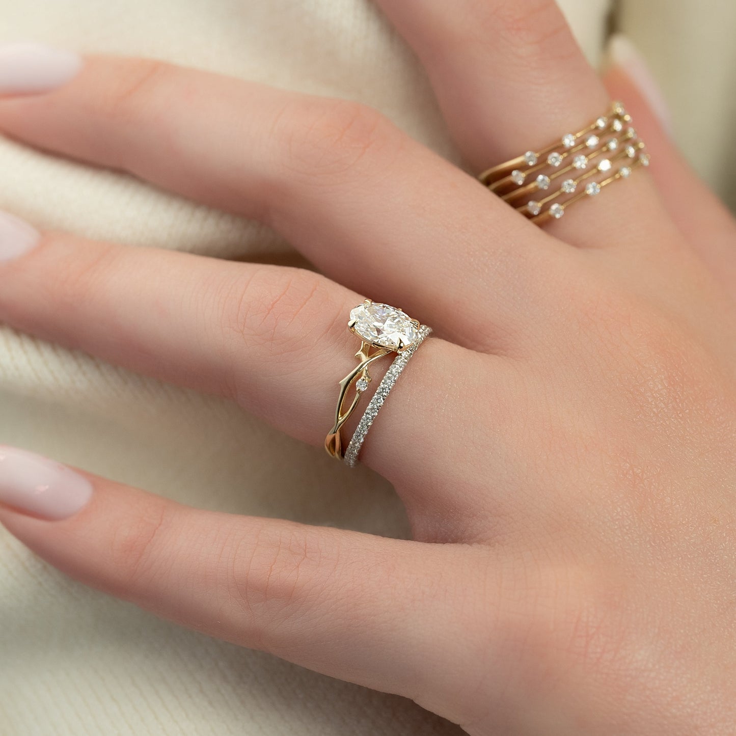 1 CT - 2 CT Oval Cut Twig Style Moissanite Engagement Ring