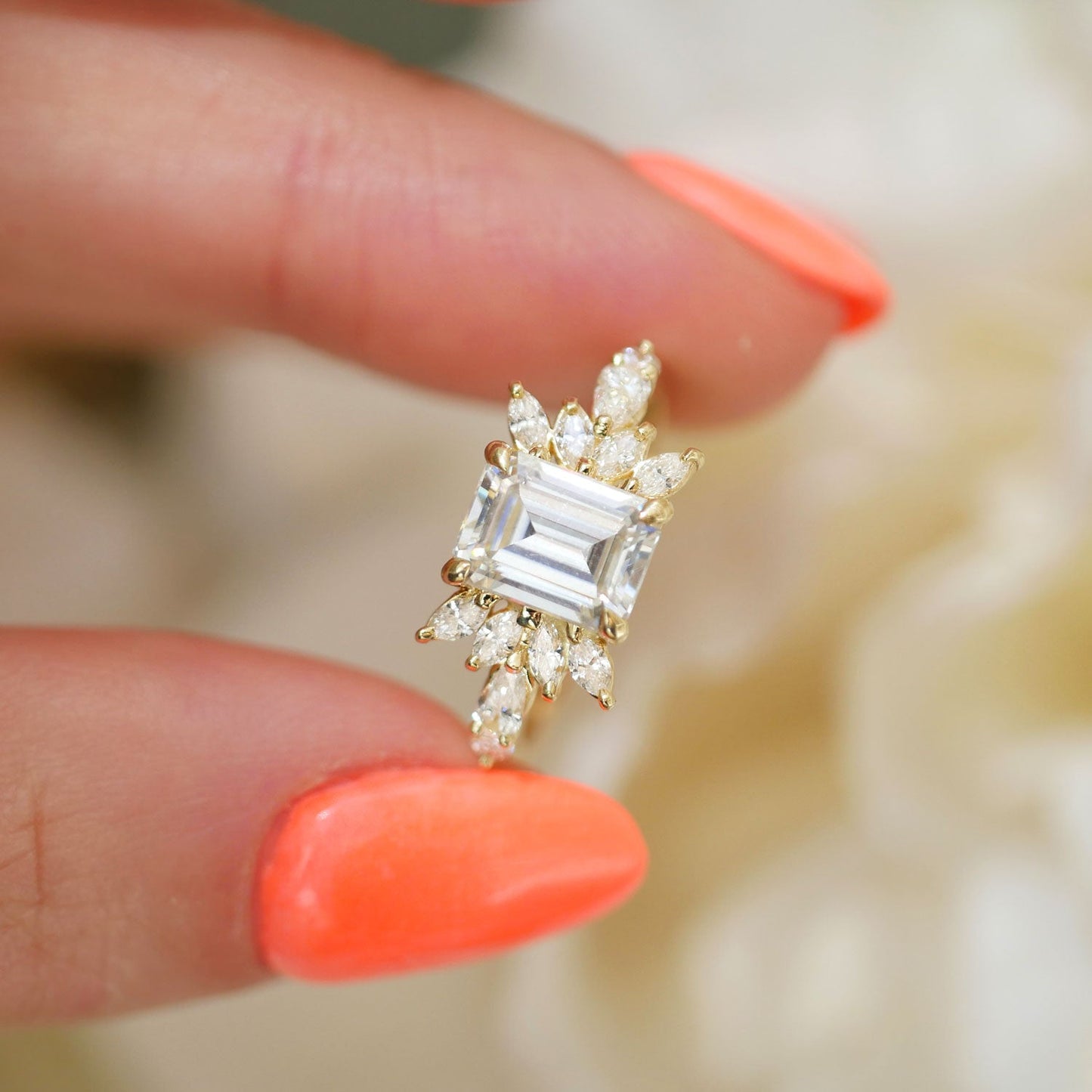 1.5 CT Emerald Cut Moissanite Peacock Style Mosaic Engagement Ring