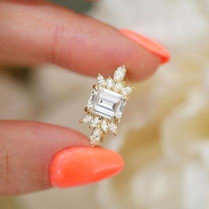1.5 CT Emerald Cut Moissanite Peacock Style Mosaic Engagement Ring