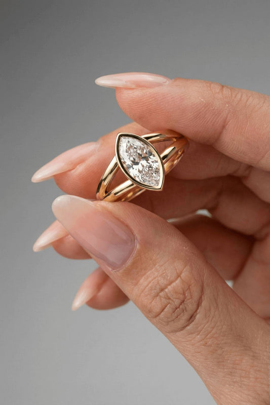 Marquise Cut Bezel Split Shank Solitaire Moissanite Engagement Ring