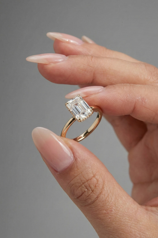 Emerald Cut Hidden Halo Moissanite Engagement Ring