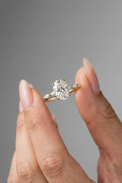 Oval Cut Lab grown Diamond Side Stones Engagement Ring