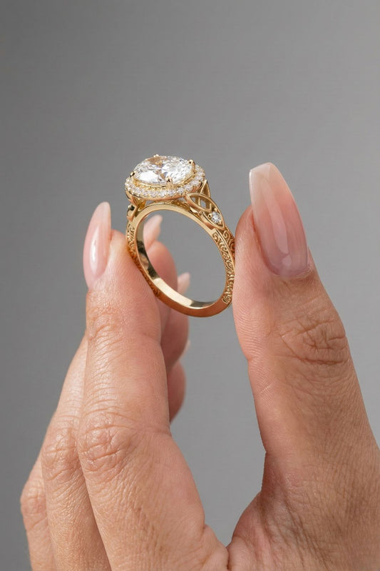 East-West Oval Cut Halo Vintage Style Moissanite Engagement Ring