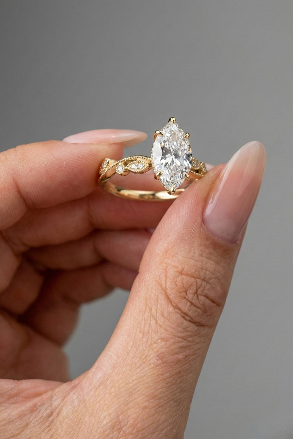 Marquise Cut Hidden Halo Milgrain Moissanite Engagement Ring