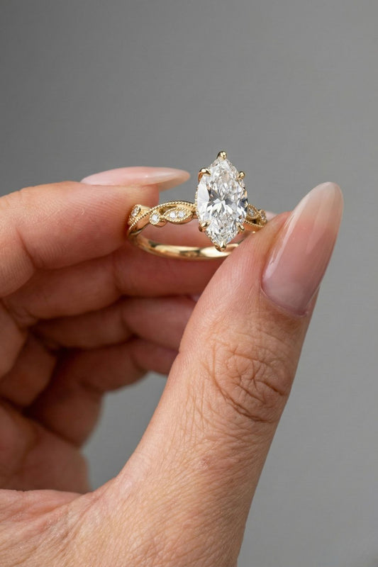 Marquise Cut Hidden Halo Milgrain Moissanite Engagement Ring