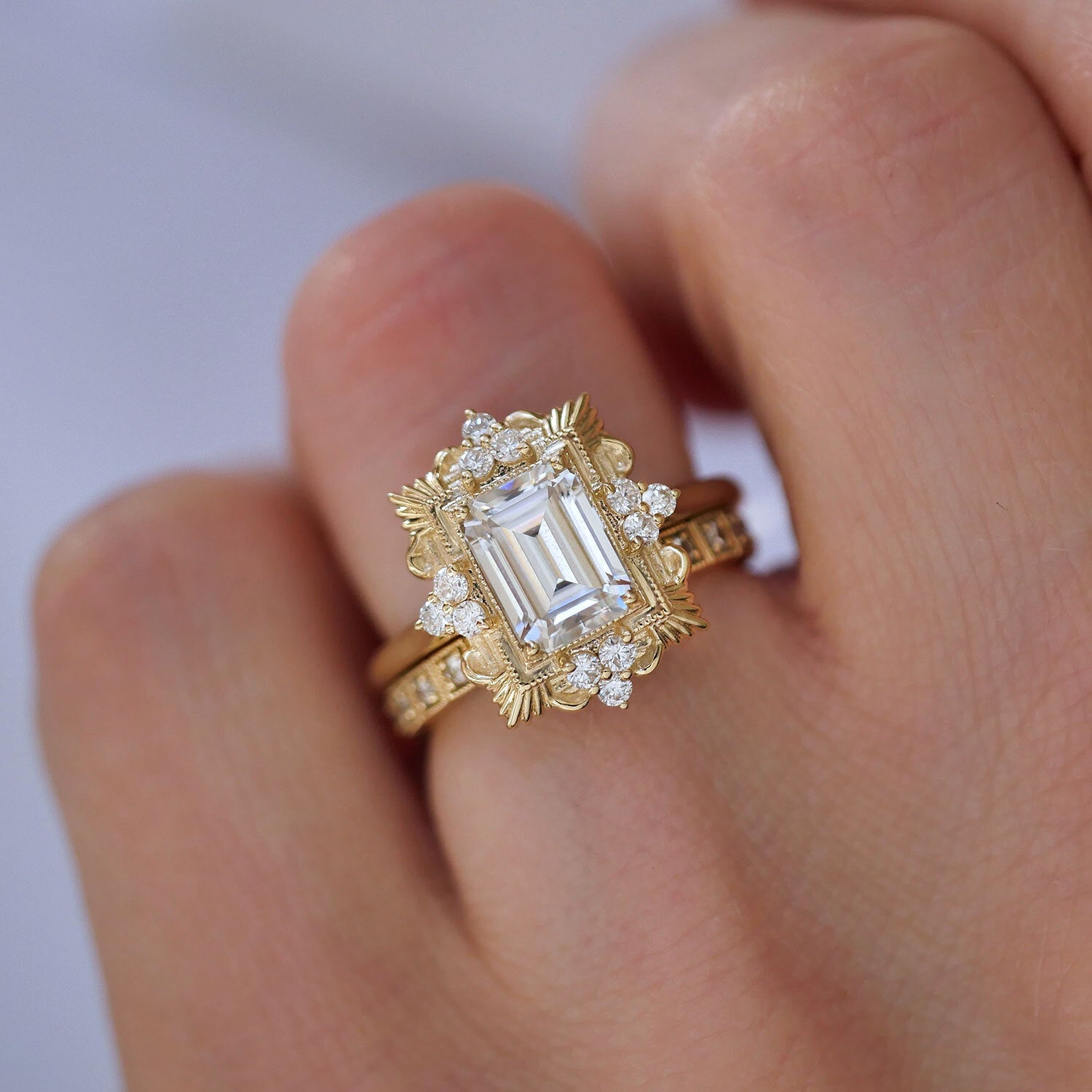 1.5 CT Emerald Cut Moissanite Florentine Mosaic Engagement Ring