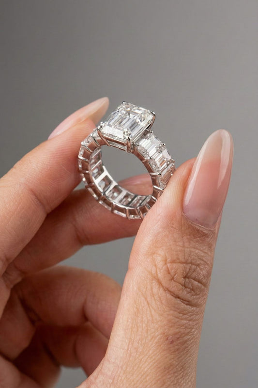 Emerald Cut Eternity Style Side Stone Moissanite Engagement Ring