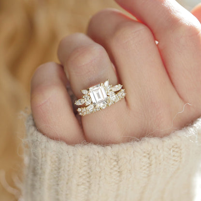 1.5 CT Emerald Cut Moissanite Peacock Style Mosaic Engagement Ring