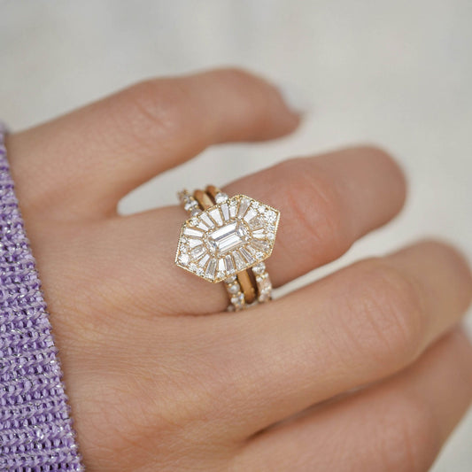 0.56 CT Emerald Cut Moissanite Hexagon Shape Mosaic Engagement Ring