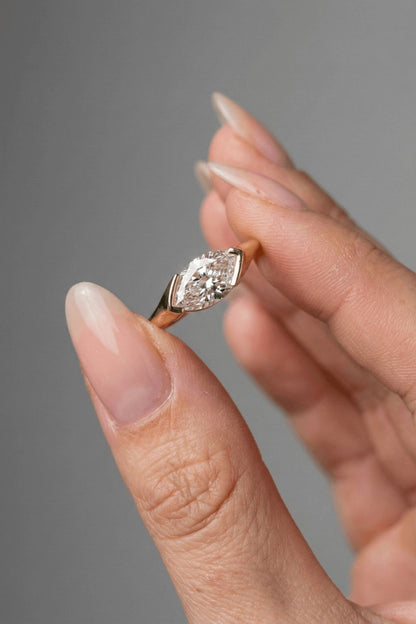 Marquise Cut Half Bezel Solitaire Moissanite Engagement Ring