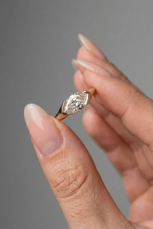 Marquise Cut Half Bezel Solitaire Moissanite Engagement Ring