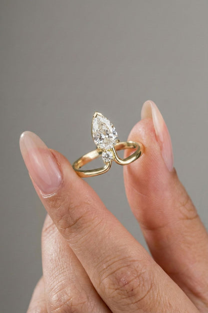 1.06 CT - 3.06 CT Pear Cut Lab grown Diamond Side Stone Unique Engagement Ring