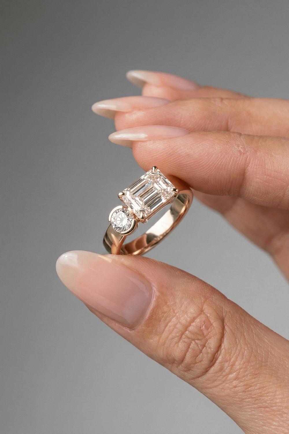 Emerald & Round Cut Lab grown Diamond Two Stone Engagement Ring